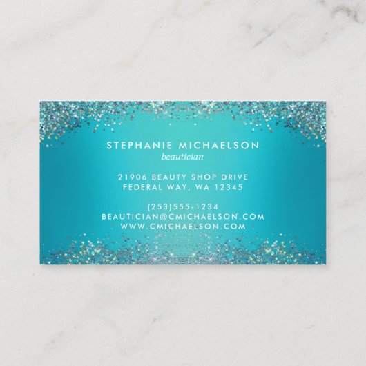 Trendy Blauwgroen Holografische Glitter Haar Make- Visitekaartje (Achterkant)