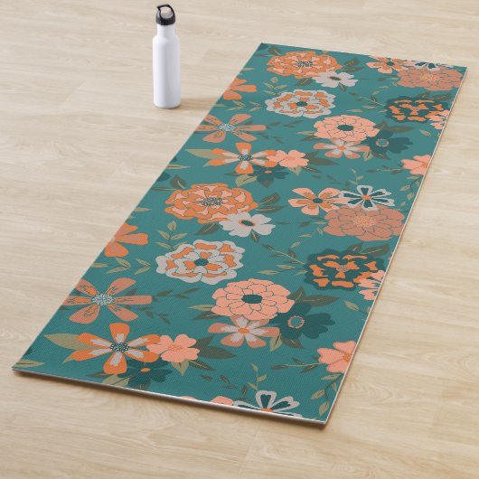 Trendy Blauwgroen Oranje patroonbloemen en wijnsto Yogamat (In situ)