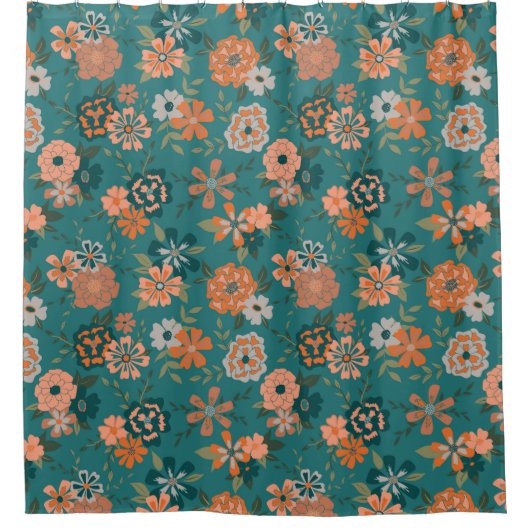 Trendy Blauwgroen Oranje Pattern Vines Flowers Douchegordijn (Voorkant)