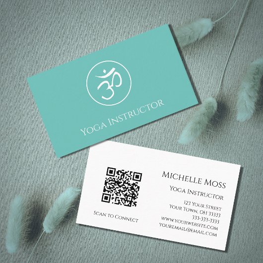 Trendy Blauwgroen QR code Yoga Instructor OM Symbo Visitekaartje