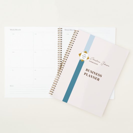 Trendy Blauwgroen Stripes Gold Logo Planner (Display)