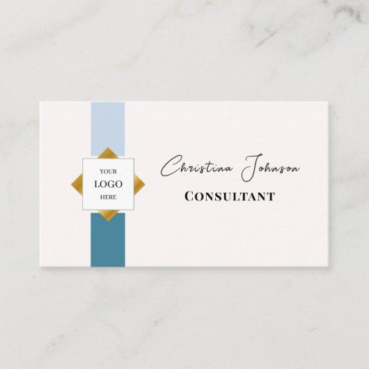 Trendy Blauwgroen Stripes Gold Logo Visitekaartje (Voorkant)