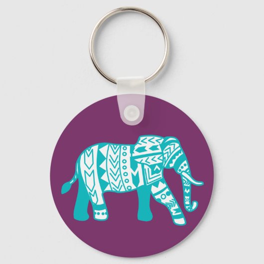Trendy Blauwgroen Tribal Boho Elephant Sleutelhanger (Voorkant)