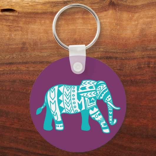 Trendy Blauwgroen Tribal Boho Elephant Sleutelhanger (Voorkant)