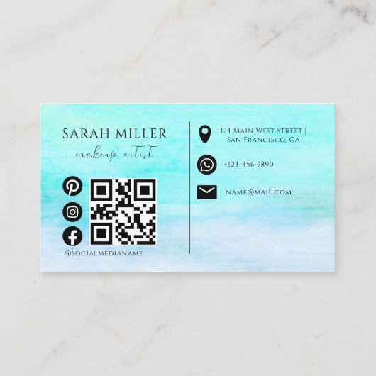 Trendy Blauwgroen Waterverf Brushstroke Make-up Ar Visitekaartje (Achterkant)