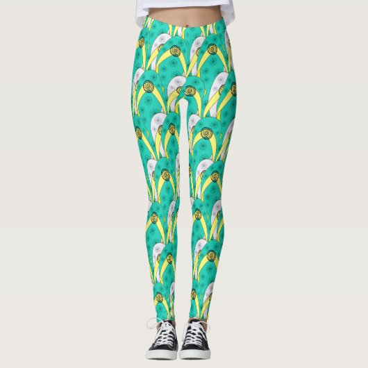 Trendy Blauwgroen witte overlappende Teenslippers Leggings (Voorkant)
