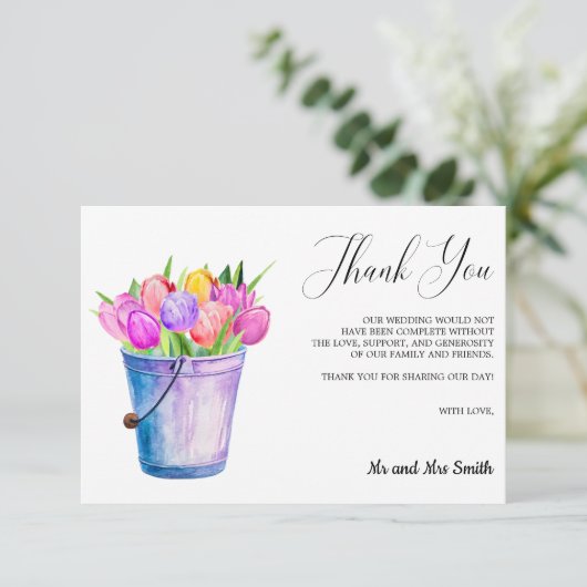 Trendy Bloem Tulpen Emmer Bruiloft Dank u Bedankkaart (Staand voorkant)