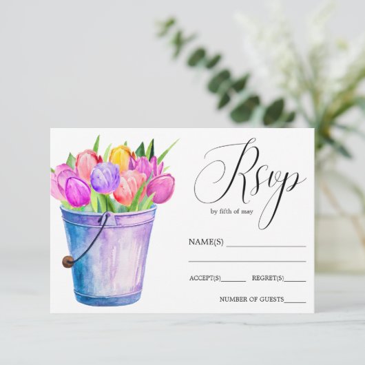 Trendy Bloemememmer van tulpen rustieke bruiloft R RSVP Kaartje (Staand voorkant)
