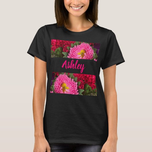 Trendy Bloemen Roze en Rode Aster Bloemen T-Shirt (Voorkant)