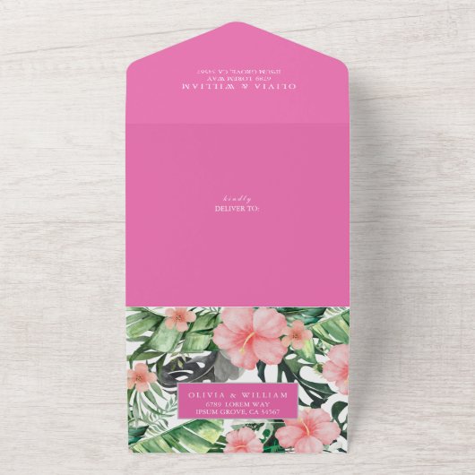 Trendy Bloemen Waterverf Tropisch groen Bruiloft All In One Uitnodiging (Buitenkant)