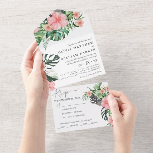 Trendy Bloemen Waterverf Tropisch groen Bruiloft All In One Uitnodiging (Afscheurbaar)
