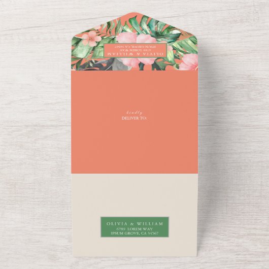 Trendy Bloemen Waterverf Tropisch groen Bruiloft All In One Uitnodiging (Buitenkant)