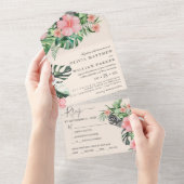 Trendy Bloemen Waterverf Tropisch groen Bruiloft All In One Uitnodiging (Afscheurbaar)