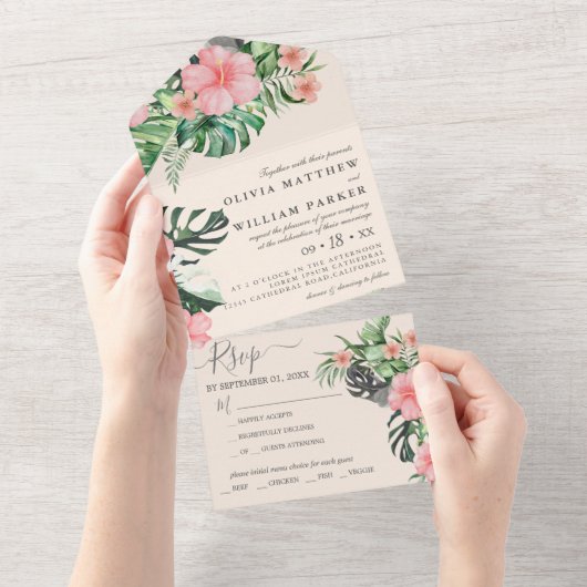 Trendy Bloemen Waterverf Tropisch groen Bruiloft All In One Uitnodiging (Afscheurbaar)