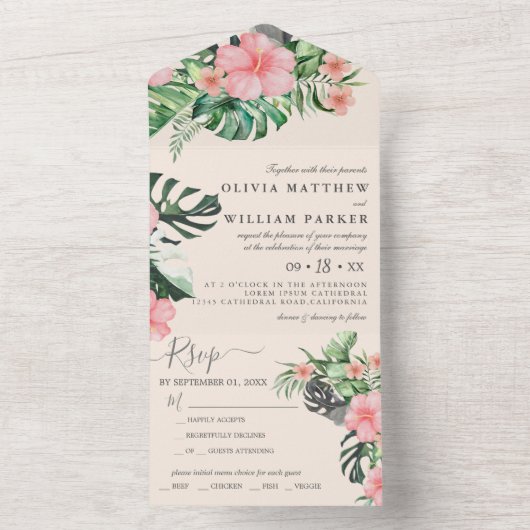 Trendy Bloemen Waterverf Tropisch groen Bruiloft All In One Uitnodiging (Binnen)