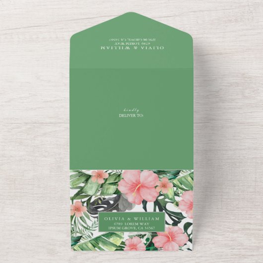 Trendy Bloemen Waterverf Tropisch groen Bruiloft All In One Uitnodiging (Buitenkant)