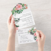 Trendy Bloemen Waterverf Tropisch groen Bruiloft All In One Uitnodiging (Afscheurbaar)