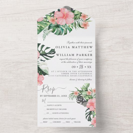 Trendy Bloemen Waterverf Tropisch groen Bruiloft All In One Uitnodiging (Binnen)