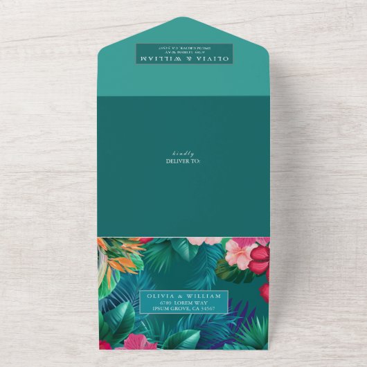 Trendy Bloemen Waterverf Tropisch groen Bruiloft All In One Uitnodiging (Buitenkant)