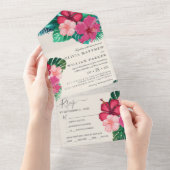 Trendy Bloemen Waterverf Tropisch groen Bruiloft All In One Uitnodiging (Afscheurbaar)