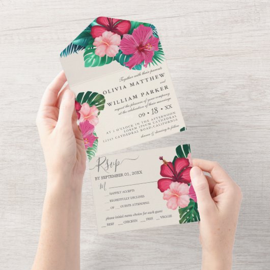 Trendy Bloemen Waterverf Tropisch groen Bruiloft All In One Uitnodiging (Afscheurbaar)