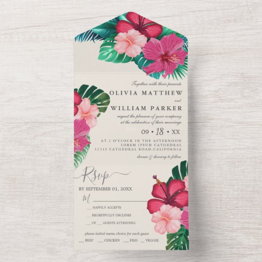 Trendy Bloemen Waterverf Tropisch groen Bruiloft All In One Uitnodiging (Binnen)