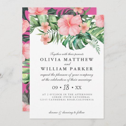 Trendy Bloemen Waterverf Tropisch groen Bruiloft Kaart (Voorkant / Achterkant)