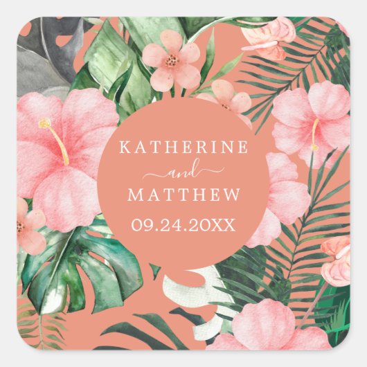 Trendy Bloemen Waterverf Tropisch groen Bruiloft Vierkante Sticker (Voorkant)