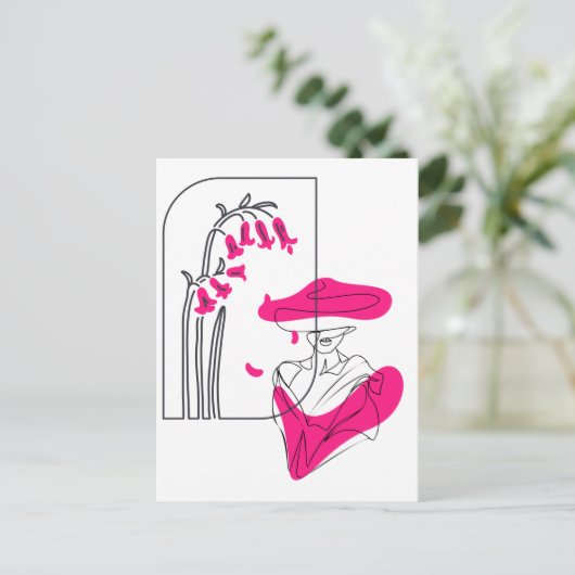 Trendy bloemen zwart en roze lijn kunst briefkaart (Staand voorkant)