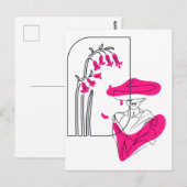 Trendy bloemen zwart en roze lijn kunst briefkaart (Voorkant / Achterkant)