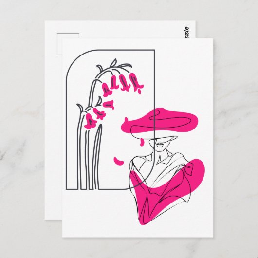 Trendy bloemen zwart en roze lijn kunst briefkaart (Voorkant / Achterkant)