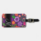 Trendy bloemenmotief Paarse en zwarte monogram Bagagelabel (Voorkant horizontaal)