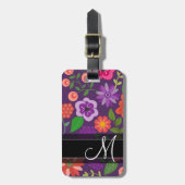 Trendy bloemenmotief Paarse en zwarte monogram Bagagelabel (Voorkant verticaal)