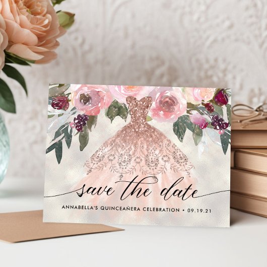 Trendy bloemige foto Quinceañera Save The Date Briefkaart