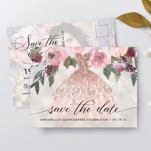 Trendy bloemige foto Quinceañera Save The Date Briefkaart