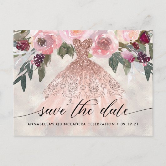 Trendy bloemige foto Quinceañera Save The Date Briefkaart (Voorkant)