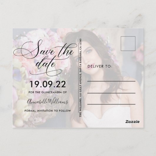 Trendy bloemige foto Quinceañera Save The Date-pos Briefkaart (Achterkant)