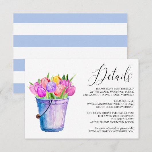 Trendy Bloemtulpen Emmer Bruiloft Details Kaart (Voorkant / Achterkant)