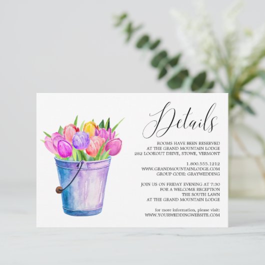 Trendy Bloemtulpen Emmer Bruiloft Details Kaart (Staand voorkant)