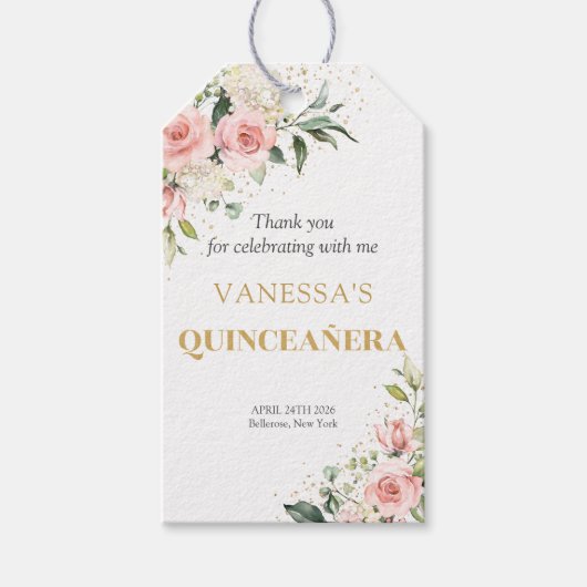 Trendy blozend gouden tiara Quinceañera Cadeaulabel (Voorkant)