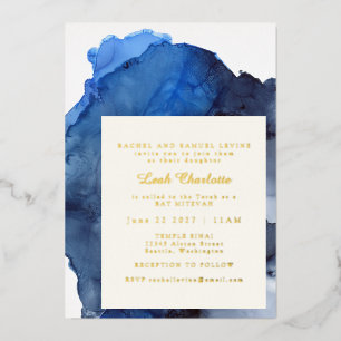 Trendy Blue Abstracte Waterverf Bat Mitzvah Gold Folie Uitnodiging
