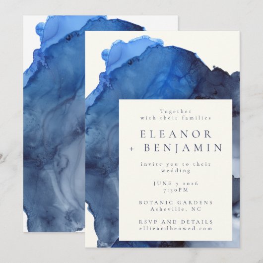 Trendy Blue Abstracte Waterverf Splash Wedding Kaart (Voorkant / Achterkant)