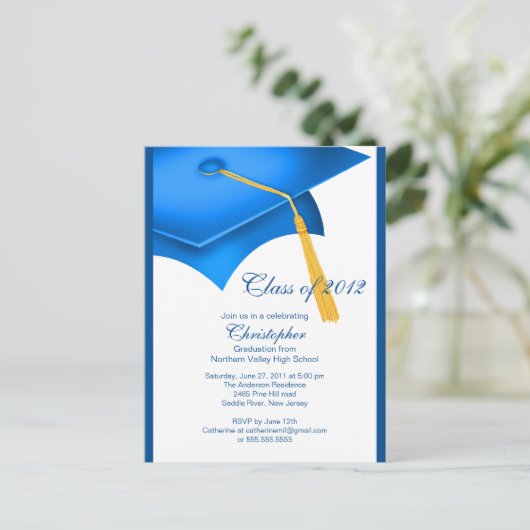 Trendy Blue Afstudeerder Pet Graduation Party Invi Uitnodiging Briefkaart (Staand voorkant)