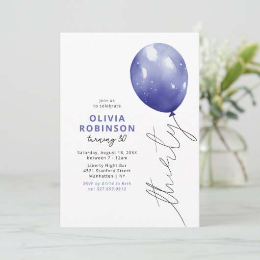 Trendy Blue Balloon 30e verjaardag Kaart (Staand voorkant)