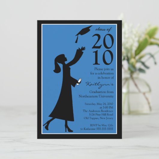 Trendy Blue & Black Afstuderen Invitation Kaart (Staand voorkant)