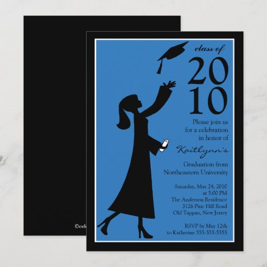 Trendy Blue & Black Afstuderen Invitation Kaart (Voorkant / Achterkant)