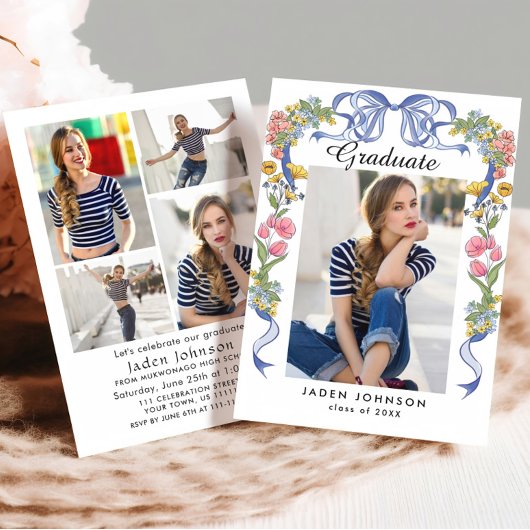 Trendy Blue Bow Coquette 5 FOTO Afstudeerfeest Kaart