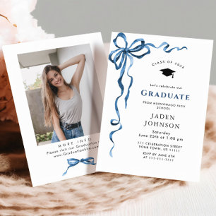 Trendy Blue Bow Coquette FOTO Afstudeerfeest Kaart