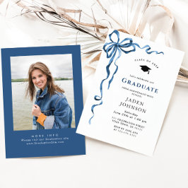 Trendy Blue Bow Coquette FOTO Afstudeerfeest Kaart