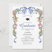 Trendy Blue Bow Coquette FOTO Afstudeerfeest Kaart (Voorkant)